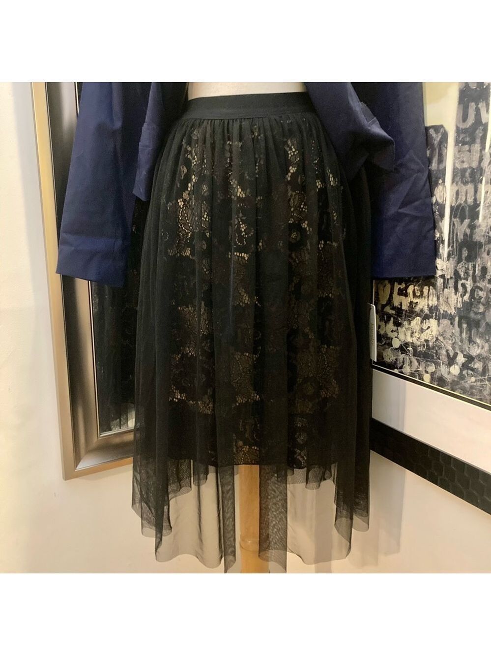 Black lace midi skirt with netted overlay
